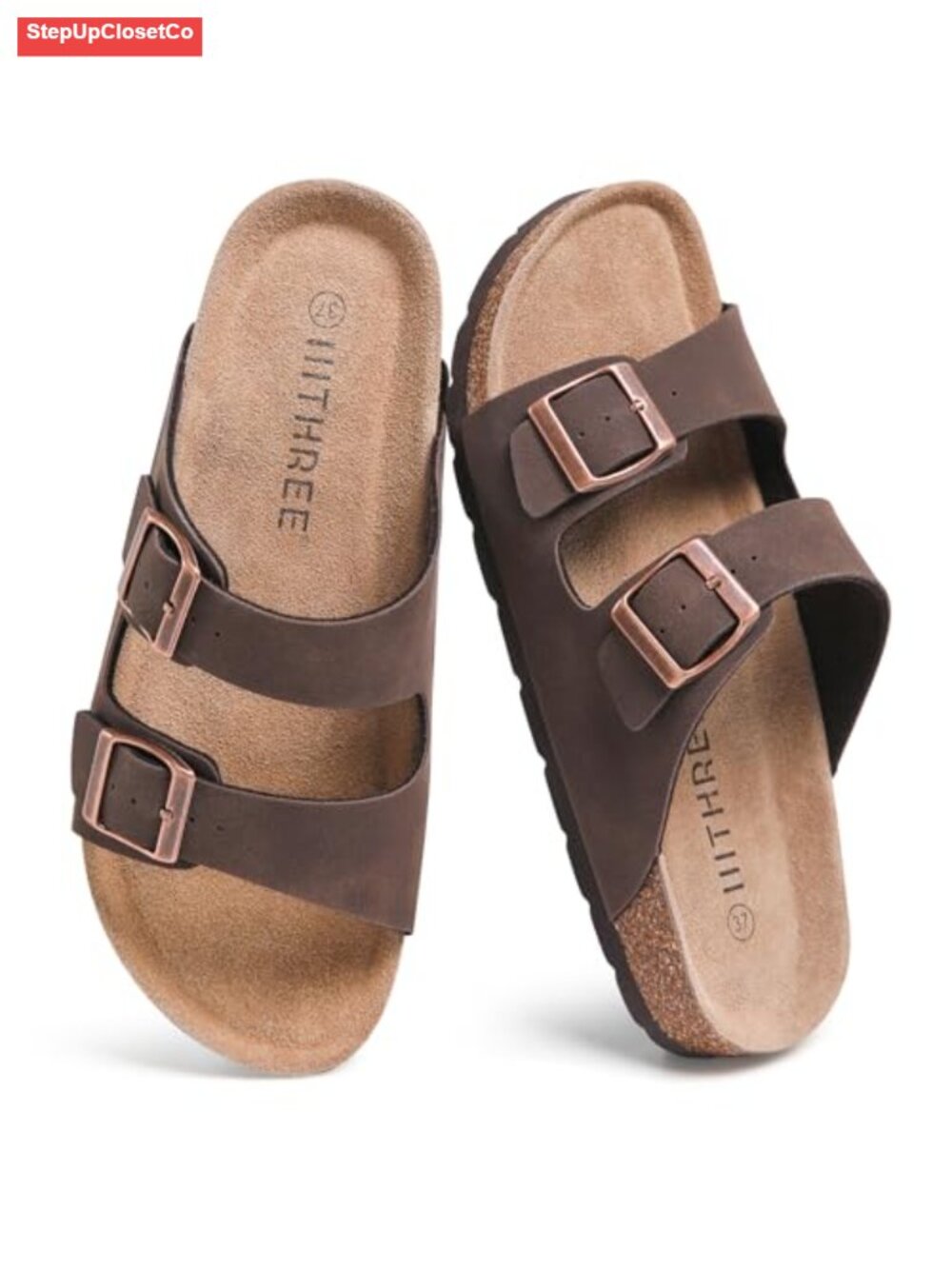Cork Footbed Womens Sandals, Two Adjustable Strap Flat Slide Sandals, Arch